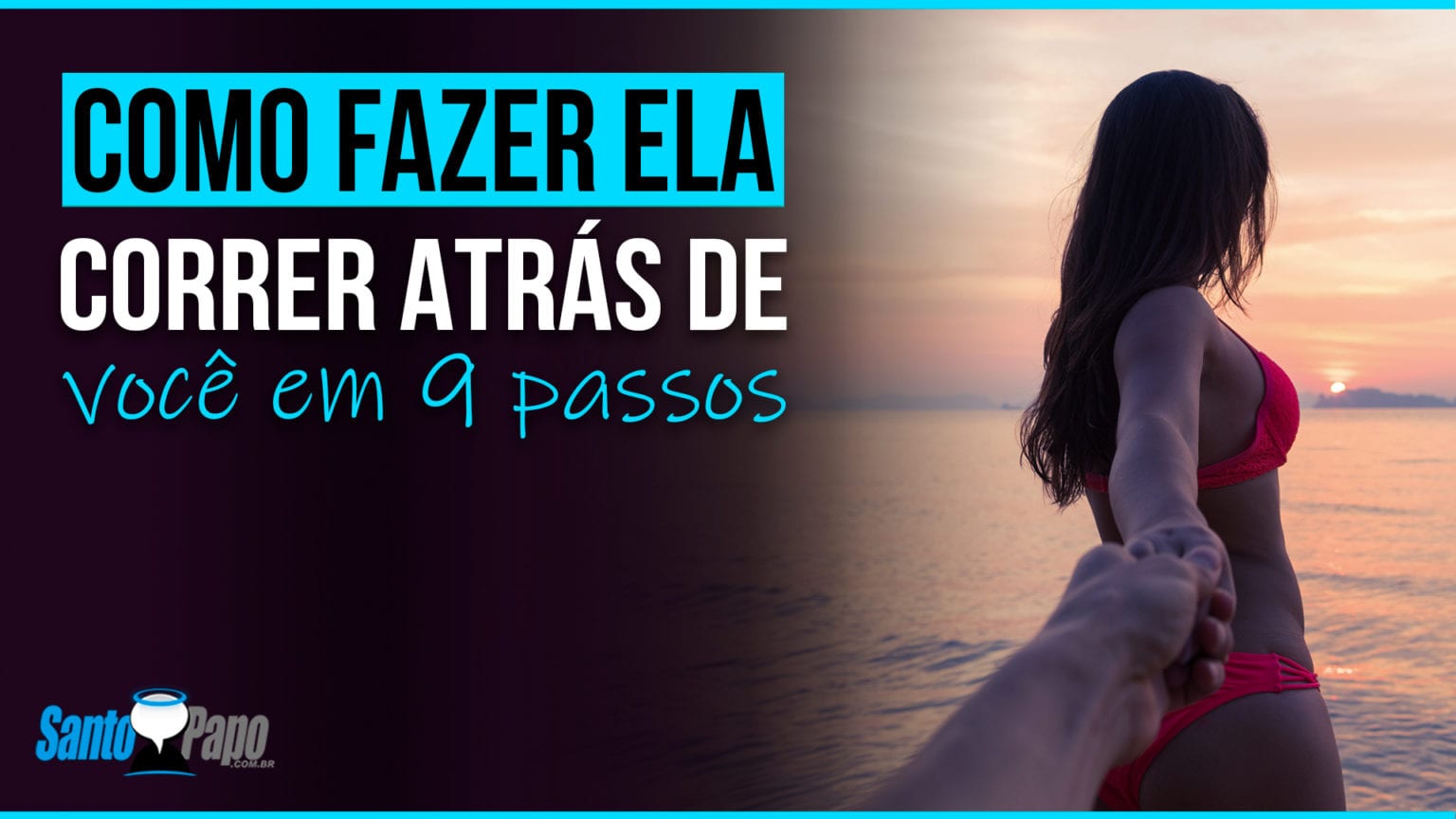 Mulher segurando um homem pela mão e o puxando para a praia